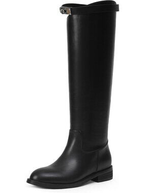 Chic Knee High Riding Boots for Women - Silver Buckle, Round Toe, Faux Leather